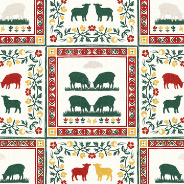 Seamless folk art pattern featuring stylized sheep and floral motifs in a rustic block print style with a festive red green and yellow color palette for textile design and home decor