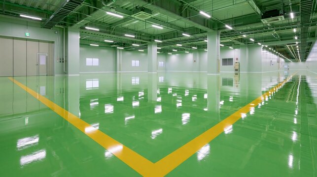 High Gloss Green Epoxy Flooring in Modern Industrial Warehouse