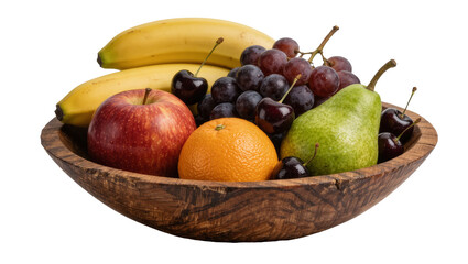 Assorted fresh fruits in a rustic wooden bowl, isolated on transparent background © Ryan