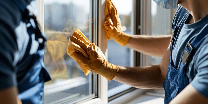 A person wearing yellow gloves and a blue shirt cleaning a window with a yellow cloth. The person is also wearing a mask, suggesting a focus on hygiene or safety