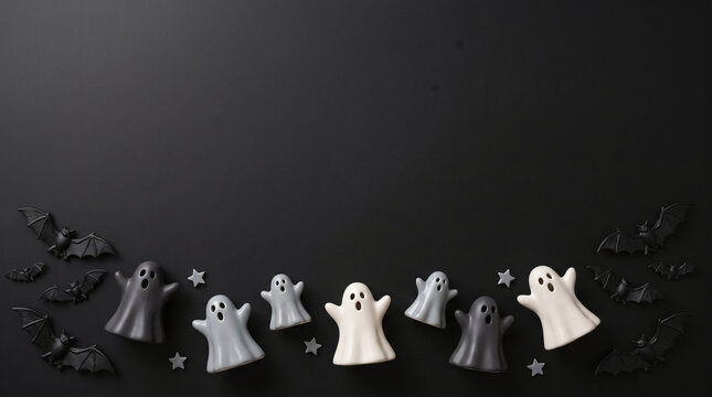 Halloween border background with cute ghosts and black bats on a solid dark black backdrop for spooky seasonal decor transparent