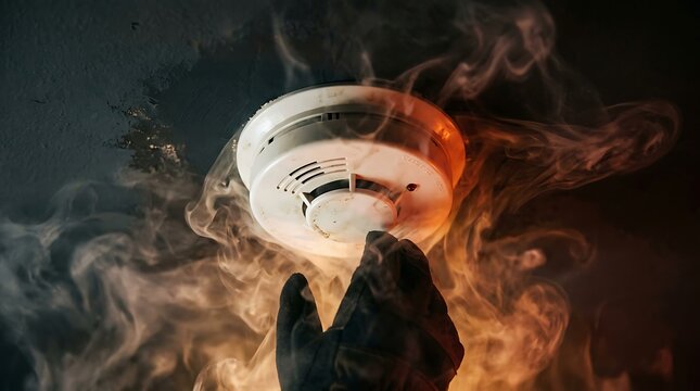 Smoke detector alarm triggered by smoke, hand reaching to check for fire hazard