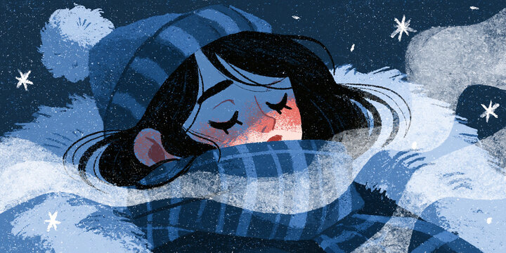 A young woman sleeping soundly, wrapped in warm blankets and a cozy scarf. The scene evokes a sense of peace and comfort during a cold night, with gentle snowflakes falling around her