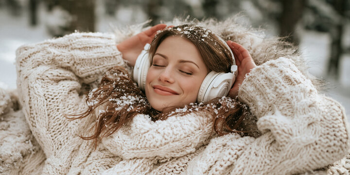 A young woman wearing headphones, enjoying a peaceful moment outdoors in a snowy environment, wrapped in a cozy knitted blanket. Her eyes are closed, and a gentle smile graces her face.