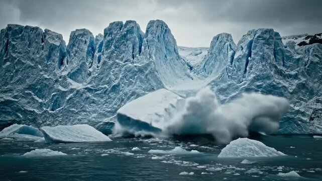 Large glacier calves as massive icebergs crash into the arctic ocean. Dramatic lighting emphasizes the fractured, detailed texture of the ice and the turbulent water spray.