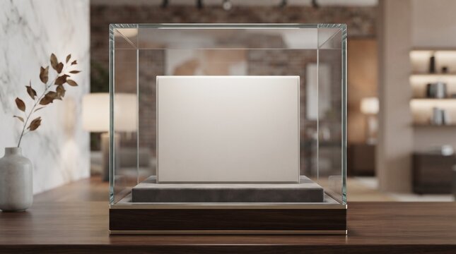 Minimalist white rectangular product box displayed inside a luxury glass case on a polished desk top