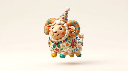 Fototapeta premium Decorative hand crafted ram figure wearing a festive party hat with floral patterns and colorful artistic textures perfect for cheerful holiday celebrations and happy festive greeting card