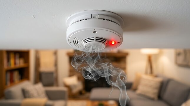 Smoke detector with red alert light activated, emitting smoke in a home living room