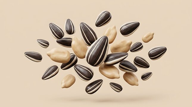 Natural sunflower seeds and shelled kernels falling together in air motion capture representing healthy organic snack food ingredients for culinary preparation and nutrition packed agriculture