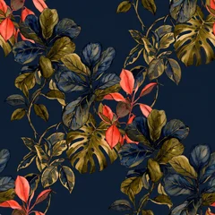 Seamless pattern featuring artistic watercolor tropical foliage with monstera and ficus leaves in vibrant orange and deep green tones on a dark navy blue background for textile design © helga