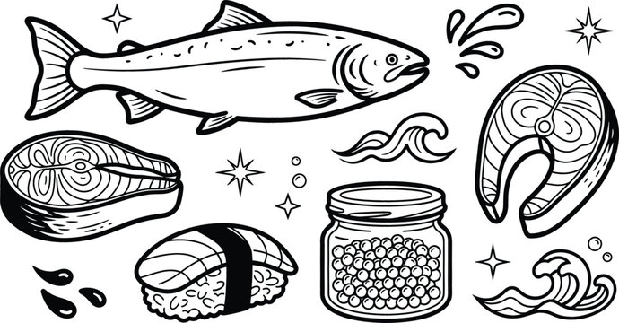 Salmon fish seafood and sushi line art vector set with steak caviar and waves