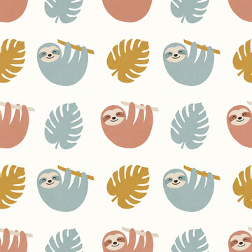 Seamless pattern featuring cute cartoon sloths hanging on branches with tropical monstera leaves in a modern flat boho style for nursery decor and playful textile design projects