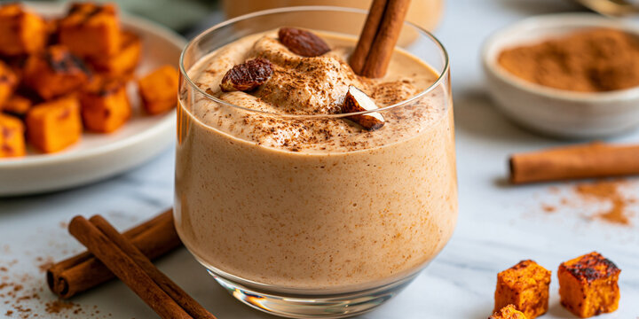 A creamy, delicious pumpkin spice smoothie garnished with cinnamon sticks and a sprinkle of nutmeg, perfect for a cozy autumn day