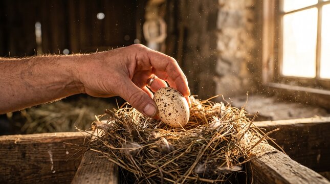 Farmer holding speckled egg in bird nest inside rustic barn interior