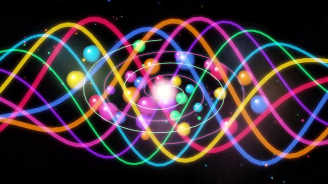 Colorful neon wave motion background, with floating glowing spheres