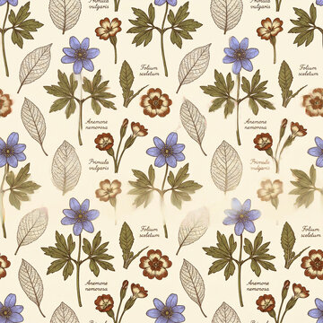 Vintage botanical seamless pattern featuring hand drawn blue anemone nemorosa and primula flowers with detailed skeleton leaves in a classic scientific illustration style for textile design