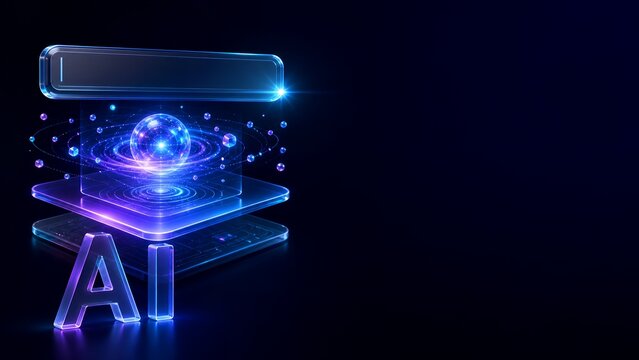 Artificial intelligence concept with glowing sphere and keyboard illuminated in neon blue