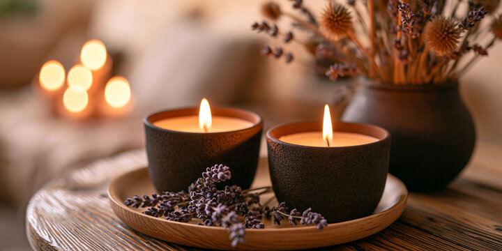 Two lit candles burning warmly on a wooden tray, surrounded by dried lavender and a vase of dried flowers, creating a serene and cozy atmosphere.