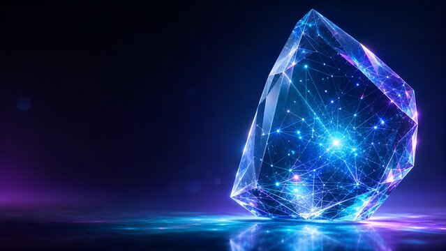 Polygonal crystal formation glows with internal network on reflective surface