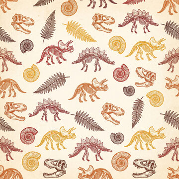 Seamless pattern featuring hand drawn dinosaur skeletons and prehistoric fossils in a vintage engraved style on a textured beige background for educational and creative design projects