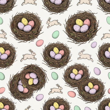 Seamless pattern featuring hand drawn Easter bunnies and bird nests with colorful speckled eggs in a vintage engraving style perfect for festive spring holiday wrapping paper design