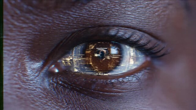 Bionic eye displays a holographic interface with binary code and an AI avatar. Sharp, cinematic lighting highlights photorealistic skin textures and glowing digital elements.
