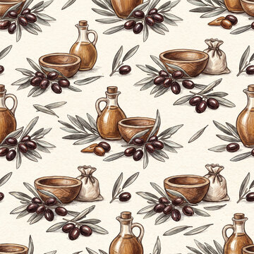 Seamless pattern featuring hand-drawn illustrations of black olives, wooden bowls, and glass oil cruets in a rustic artistic style perfect for organic food packaging and kitchen decor