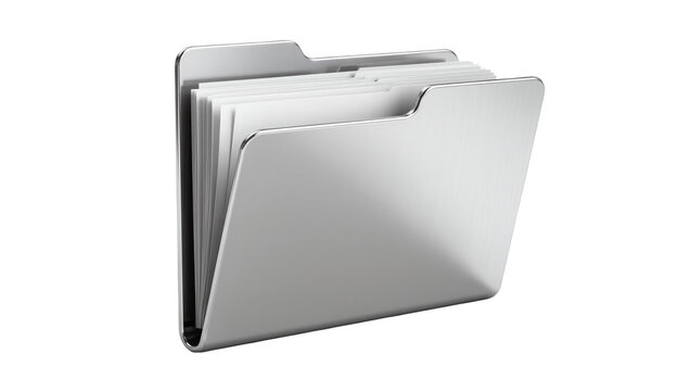 Shiny metallic folder with white paper sheets, isolated on transparent background