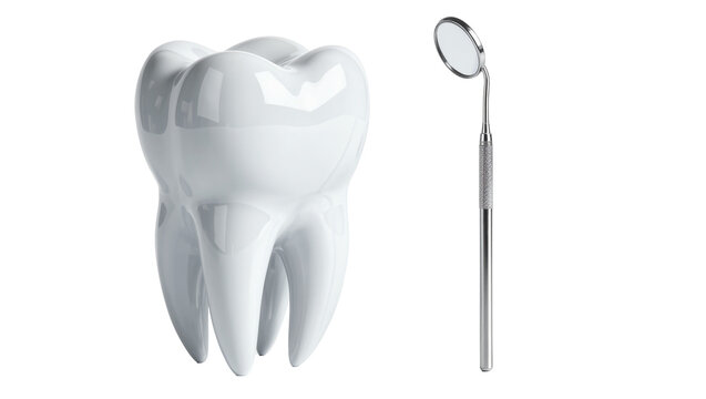 Shiny white molar tooth next to a dental mirror, isolated on transparent background