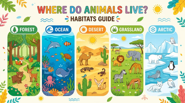 Diverse Animal Habitats Illustrated Guide: Forest, Ocean, Desert, Grassland, Arctic Ecosystems for Education