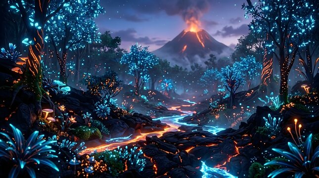 Enchanted alien forest glowing with blue flora and volcanic eruption background
