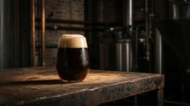 Freshly poured dark craft beer stout with thick foam on a vintage industrial table inside a brewery