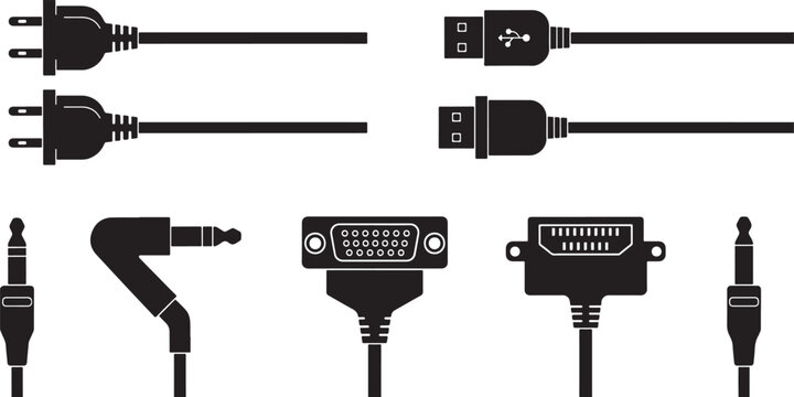 Collection of electrical and audio connectors including USB VGA HDMI and plugs.