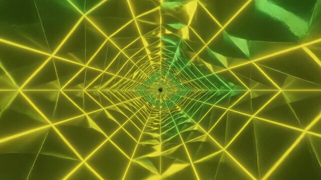 Geometric tunnel of glowing yellow and green neon lines creates a hypnotic journey. Vibrant neon lighting reflects off the faceted surfaces in a seamless loop for visual projects.