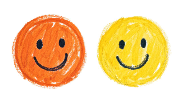 Two crayon smiley faces one orange and one yellow, isolated on transparent background