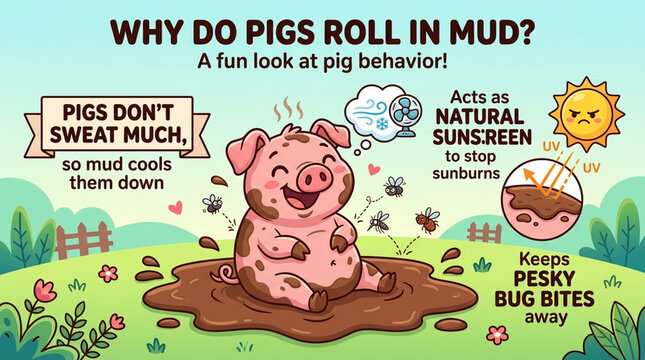 Happy Pig Rolling in Mud Puddle Illustrating Sunscreen and Bug Bite Protection on Farm