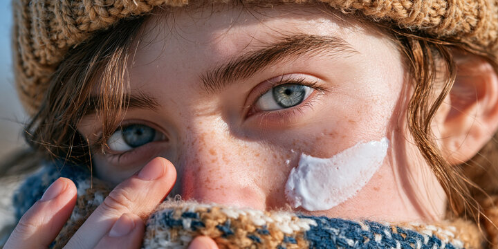 A close-up shot of a young person's face, with blue eyes, freckles, and a dab of sunscreen on their cheek. They are wearing a knitted hat and scarf, suggesting a cold outdoor setting.