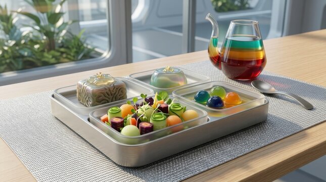 Futuristic Gourmet Meal Tray with Molecular Gastronomy and Colorful Drink in a Space Station Setting