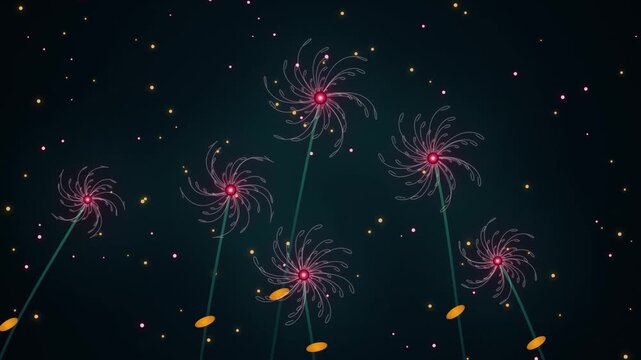 A seamless loop of glowing glass-like crimson roses gently swaying in a bioluminescent field. Features sparkling stardust drift, volumetric glowing light, and an atmospheric dark background. Perfect f