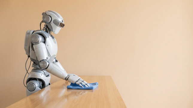 A white humanoid robot standing at a wooden table, using a blue cloth to wipe and clean the ad social media download thambnail poster web template event festival 2026 2027 2028