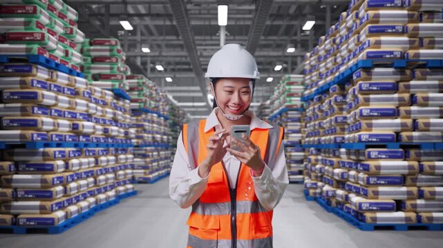 Front View of Asian Female Engineer Use Smartphone While Walking at Warehouse Stacked Cement Bags Pallets