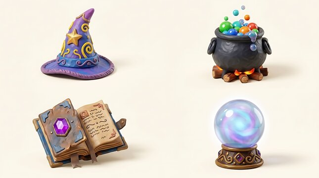 Fantasy magic items including a purple wizard hat a bubbling black cauldron with colorful potions an open spell book with a gem and a glowing crystal ball for divination and fortune telling