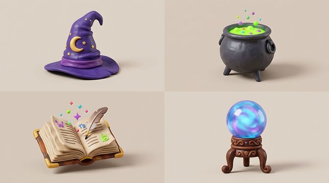 Set of magical wizard accessories including a pointed hat a boiling cauldron a mysterious spell book with a feather quill and a glowing crystal orb used for fortune telling and mystical