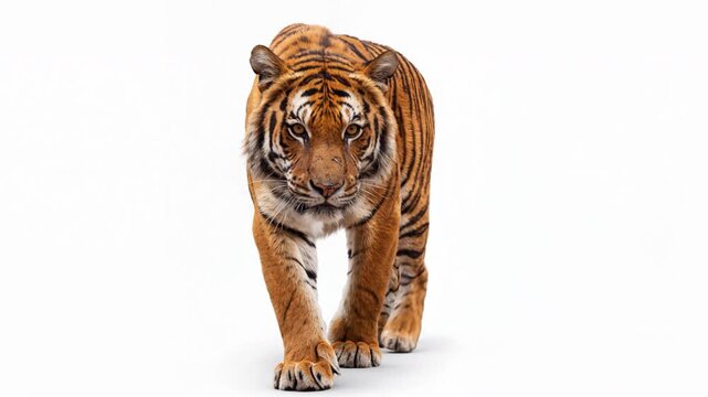 Tiger with an open mouth walking isolated on a white background. The vivid stripes and powerful stance highlight the tigers fierce nature. Video made using Generative AI.
