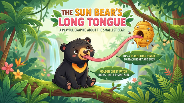 Cute Cartoon Sun Bear Infographic Illustration with Long Tongue and Beehive in Jungle