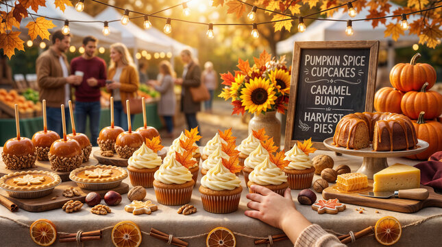 Child reaching for pumpkin spice cupcake at outdoor autumn festival table with pies and caramel apples.