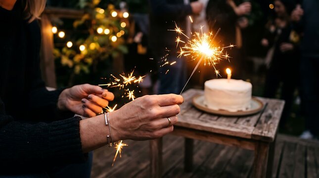 A woman holds a burning sparkler during a night celebration while a cake sits on a wooden table nearby representing a festive birthday gathering with friends and family during the evening hours