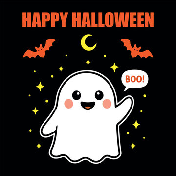 Happy Halloween White Ghost Character with Yellow Stars and Bats. Adorable Halloween Ghost with Flying Bats Crescent Moon and Stars. Kawaii Ghost Spooky Halloween Vector Illustration. 
