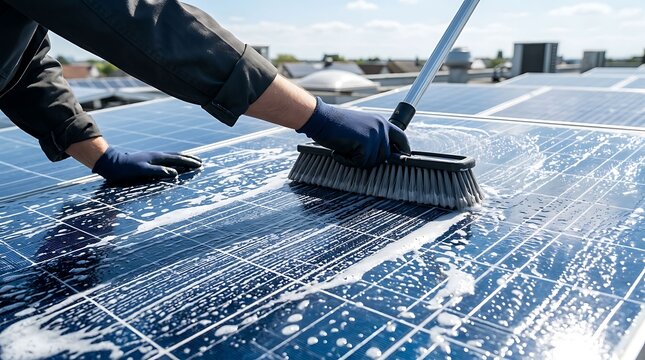 Professional maintenance worker uses a scrub brush with soap water to wash dust from solar panels on a rooftop to maximize energy production efficiency during a sunny day for sustainable living