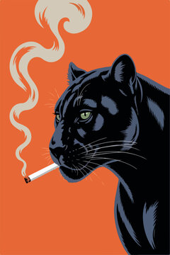 Minimalist Black Panther Smoking Cigarette Poster. Black Panther Smoking Cigar Vintage Poster Art. Minimalist vintage vector poster featuring a black panther smoking a cigarette. 